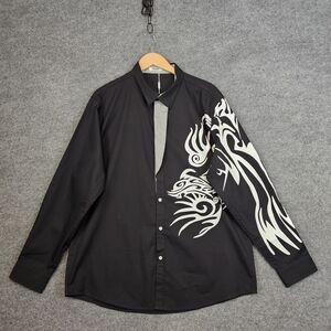COOFANDY Men’s Black Tribal Tattoo Print Button-Down – Y2K Streetwear XL